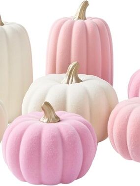 Pink & Beige Flocked Pumpkin Set 7pc NWT Fall Decor Thanksgiving Centerpiece